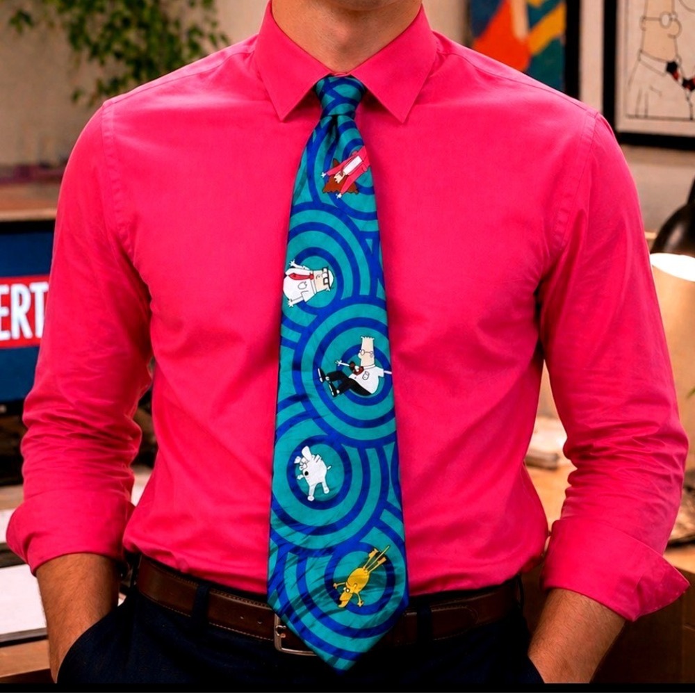 RM Style Dilbert‎ Out of Control Vintage Comic Strip Tie Teal Blue Made in USA